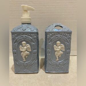 Blue White Bathroom Set Cherub Angels Soap Dispenser Toothbrush Holder